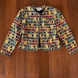 Vintage 90s Cropped Jacket Gold Chain and Gem Print Maggy Petites